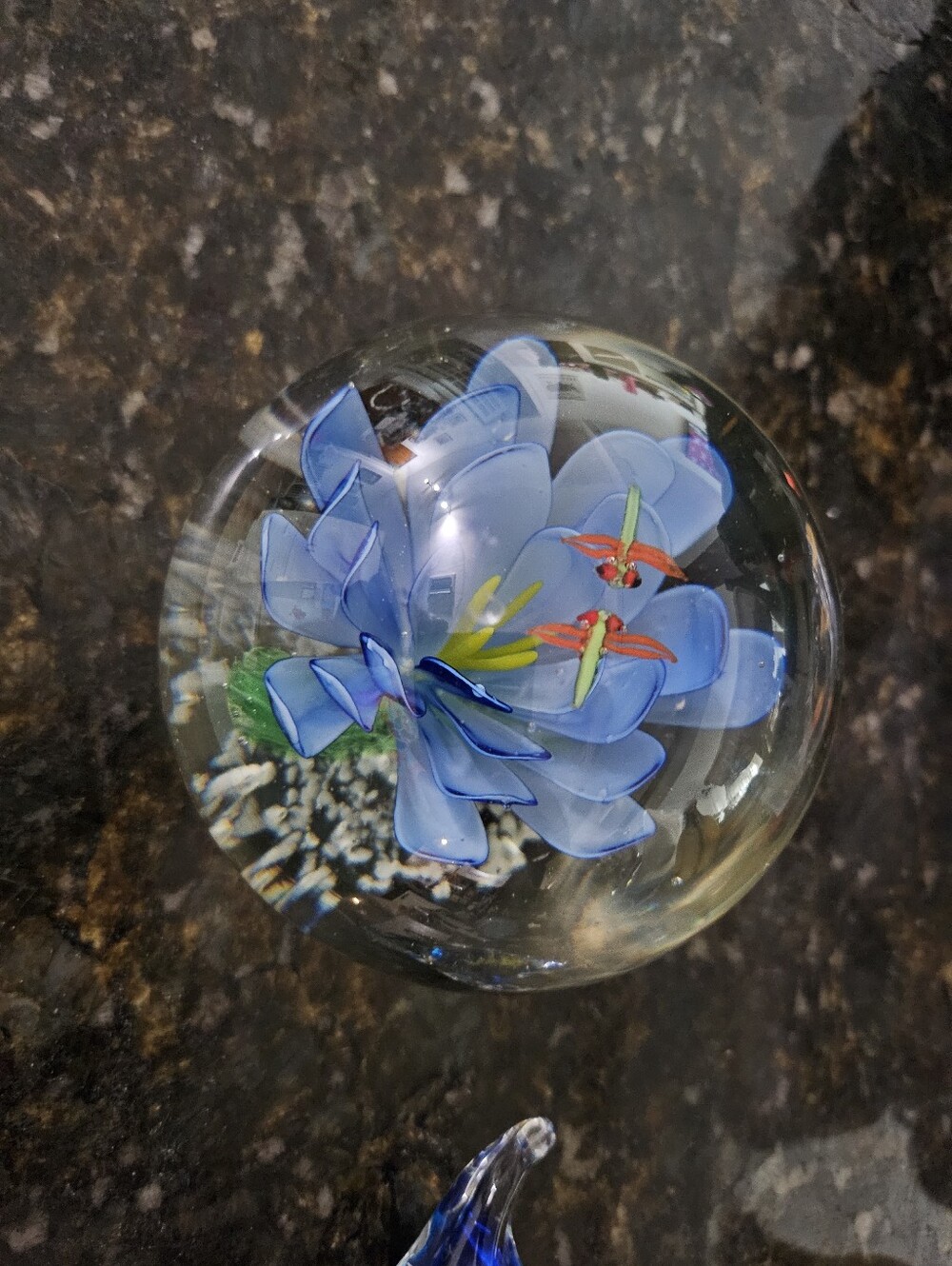 Vintage Handblown Glass Floral Paperweight - Blue Lotus W Dragonfly 3.75